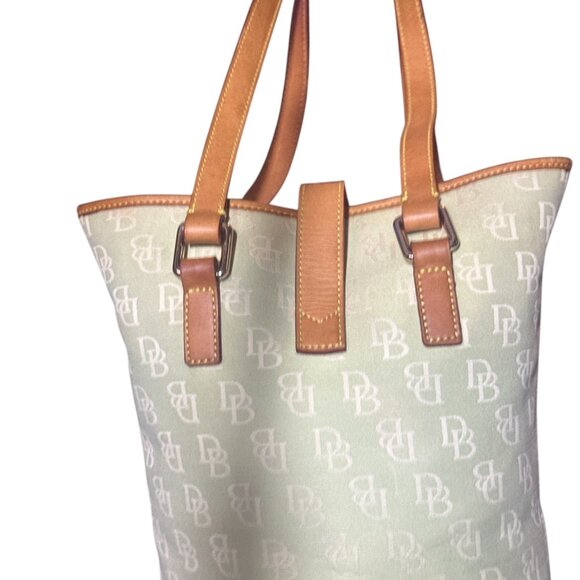 Dooney & Bourke Light Green Monogram Canvas Bucket Tote Bag With Leather Trim - Picture 15 of 16